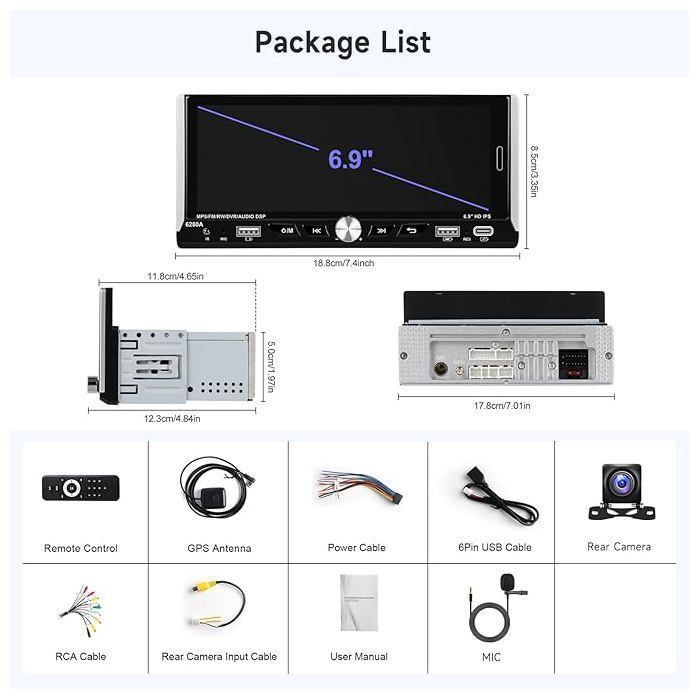 Autorradio Android de 1 DIN con pantalla táctil de 6,9