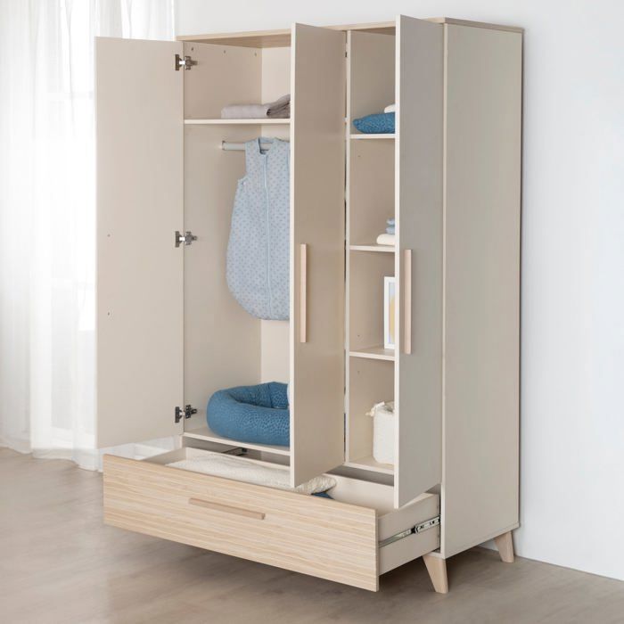 Conjunto de tres muebles para habitación infantil: cuna convertible de 70 x 140 cm + cambiador + armario - SIDNEY - ROBA - Roble / Beige