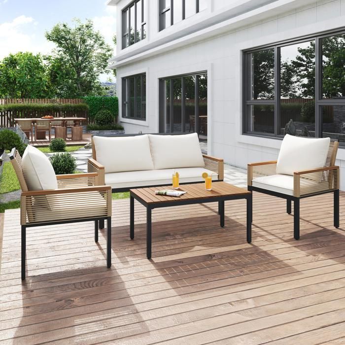Set di mobili da giardino in acciaio a 4 posti - 2 poltrone e tavolino - in corda intrecciata e legno di acacia - Beige