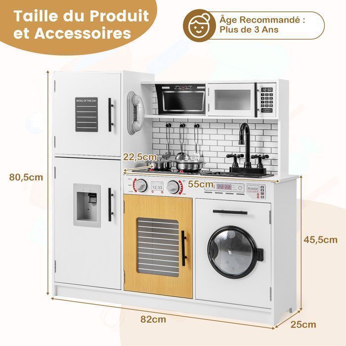 Cocina infantil COSTWAY - A partir de 3 años - Sonidos y luces - Accesorios incluidos - Espacio de almacenamiento - Centro de juegos multiusos - 82 x 25 x 80,5 cm