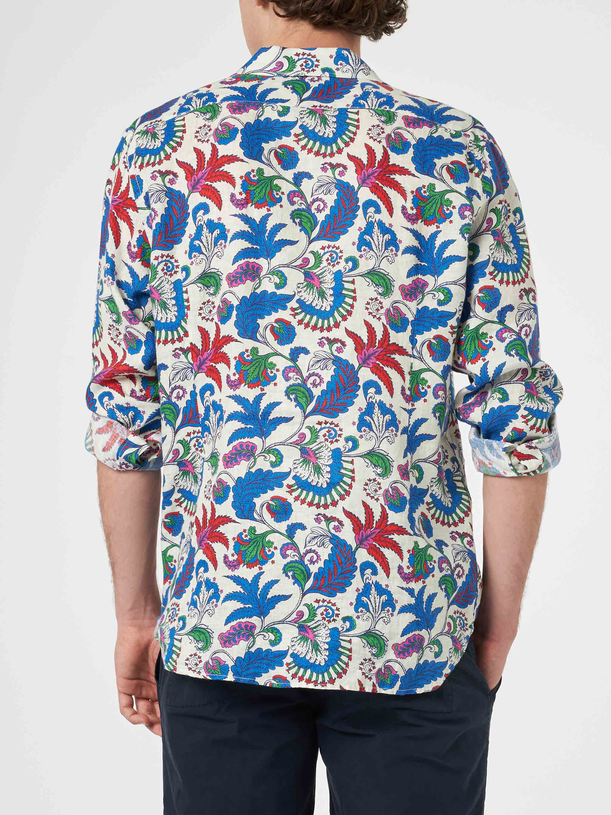 Marineblauwe linnen herenoverhemd van Pamplona met bloemenprint