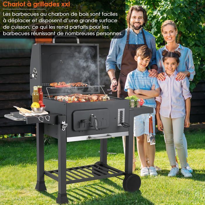 Grote houtskoolbarbecue met deksel, grillrooster, wielen en thermometer, handvat, rookbarbecue, 130 x 137 x 49 cm, grijs