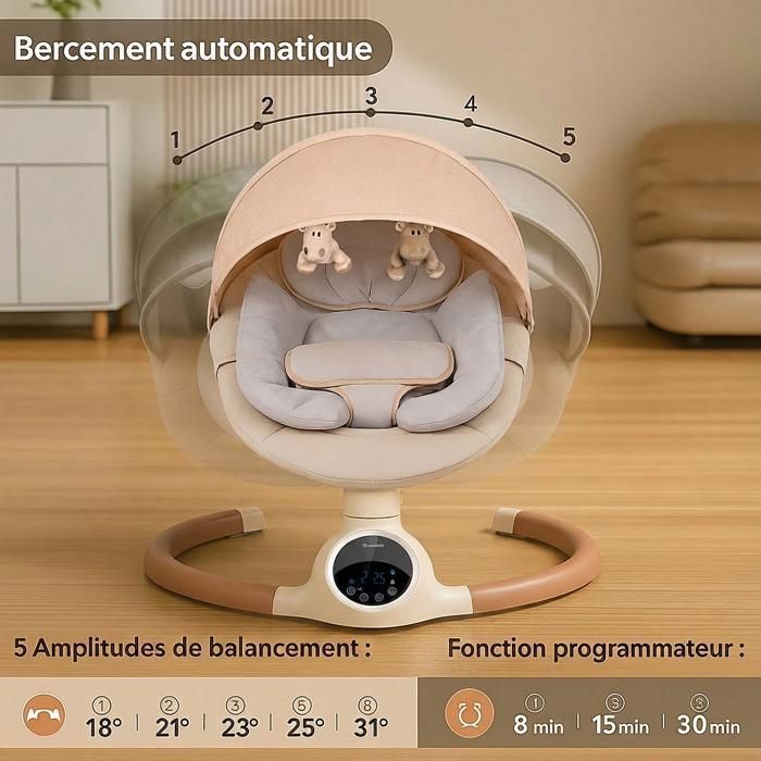 BEBE2LUXE ALPHA: Electric baby swing/bouncer up to 9kg, Bluetooth for smartphone, 5-point safety harness