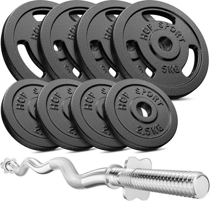 Hop-Sport 37kg Cast Iron Dumbbell Set with SZ Curl Bar and Weight Plates, Complete Dumbbell Set for Home Strength Training