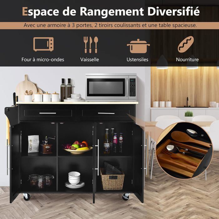 GOPLUS Desserte Îlot de Cuisine à roulettes en Bois avec 2 Placards Étagère 2 Niveaux Réglables et 2 Tiroirs, 122 x 46 x 93 CM,