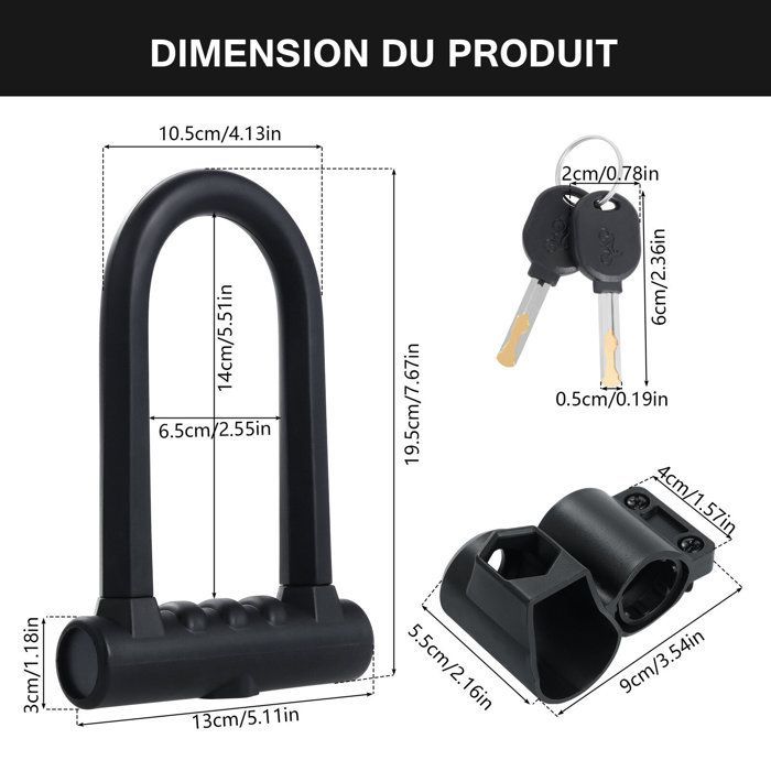 Cadeado em U para bicicletas e scooters elétricas, cadeado para bicicletas e motocicletas em liga de aço, preto.