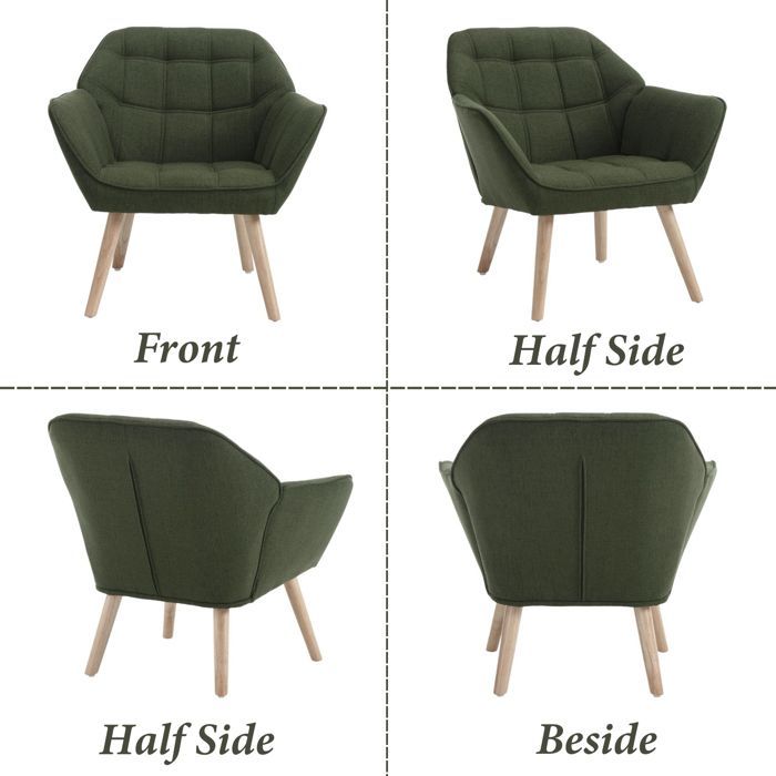 Wahson moderne fauteuil voor de woonkamer, Scandinavische stijl fauteuil met houten poten, comfortabele designfauteuil met linnen bekleding, groen