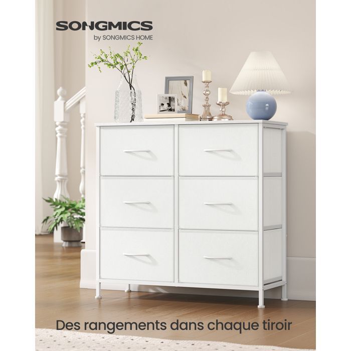 Cómoda SONGMICS de 6 cajones, mueble de almacenamiento para dormitorio, acero, panel de MDF, tela no tejida, blanco nube y blanco nieve.