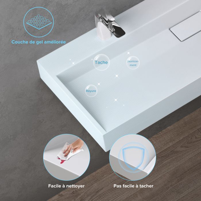 Lavabo suspendido con desagüe, lavabo de encimera, blanco mate, 120x46x11cm, lavabo con 2 orificios para grifería, rectangular, Colossum19