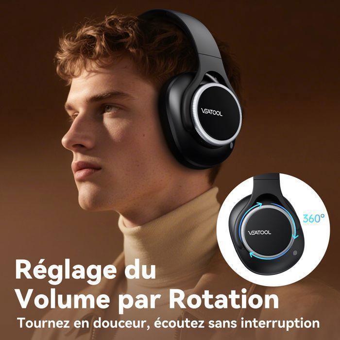 VEAOOL Wireless Bluetooth Headphones with Hybrid Noise Cancellation and ANC, Foldable, 55H Battery Life, Bluetooth 5.4, AUX Support