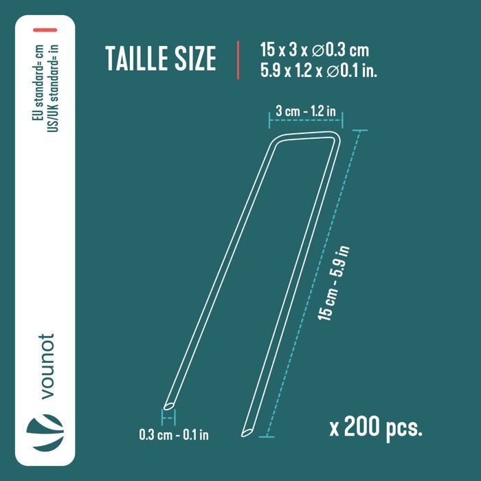 VOUNOT® Paquete de 200 estacas de jardín en forma de U, 150x30 mm, acero galvanizado