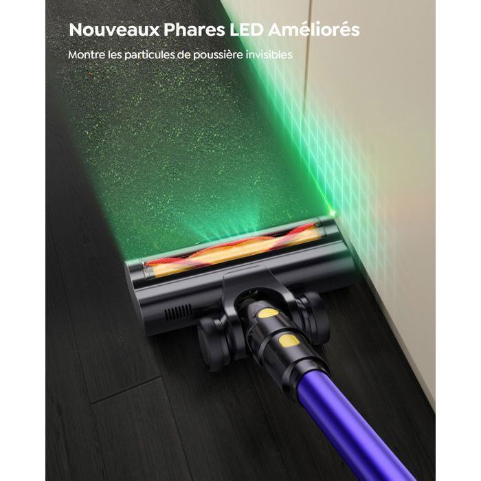 Aspirapolvere senza fili - 75000 Pa - Autonomia 60 minuti - Spazzola con LED verde - 2 litri - Motore senza spazzole