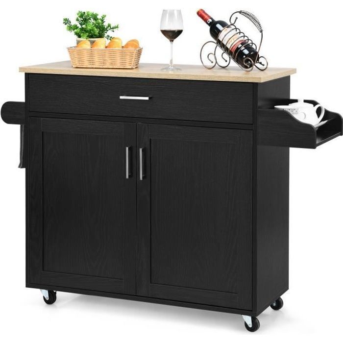 Carrito de cocina COSTWAY, isla de cocina rodante con amplio armario, cajón, especiero y toallero, color negro.