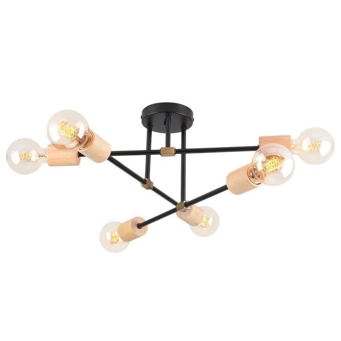 Lámpara de techo UNI 6x E27, araña industrial vintage para cocina, dormitorio y sala de estar, de madera.