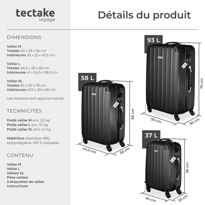 Maleta - TECTAKE - Juego de 3 maletas TALIA de plástico ABS de 75 x 50 x 30 cm - Negra