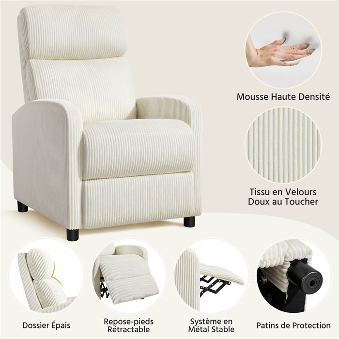 Sillón reclinable Yaheetech Velvet, sillón acolchado, sillón convertible con reposapiés, color beige.