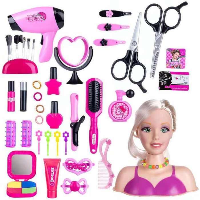 40-Piece Children's Doll Hair Styling Set - Styling and Makeup Head - Beauty Accessories, Hair Dryer, Makeup and Clips - Toy