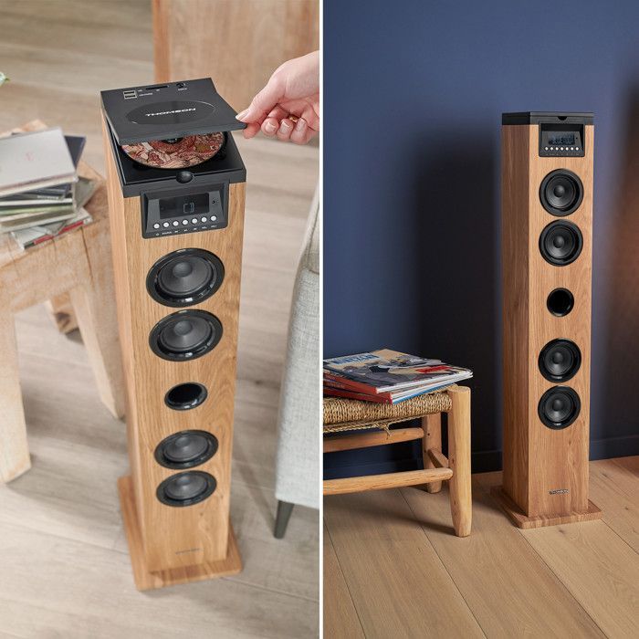 Tour de son Thomson DS122CD - 60W - Hifi Bluetooth, Lecteur CD, télécommande, AUX IN, RADIO FM - Bois/Noir, Bagues LED inclus