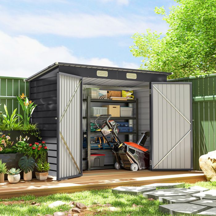 Caseta de jardín de 2,7 m² - Outsunny - 249 x 121 x 183 cm - guantes incluidos, puertas dobles con cerradura, ventilación, chapa de acero - gris