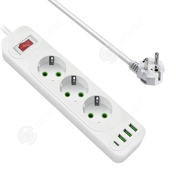 INN Steckdosenleiste mit 3 Steckdosen, 2 USB-Anschlüssen und 1 USB-C-Anschluss, mit Schalter, 2 m Kabellänge, Überspannungsschutz, Weiß