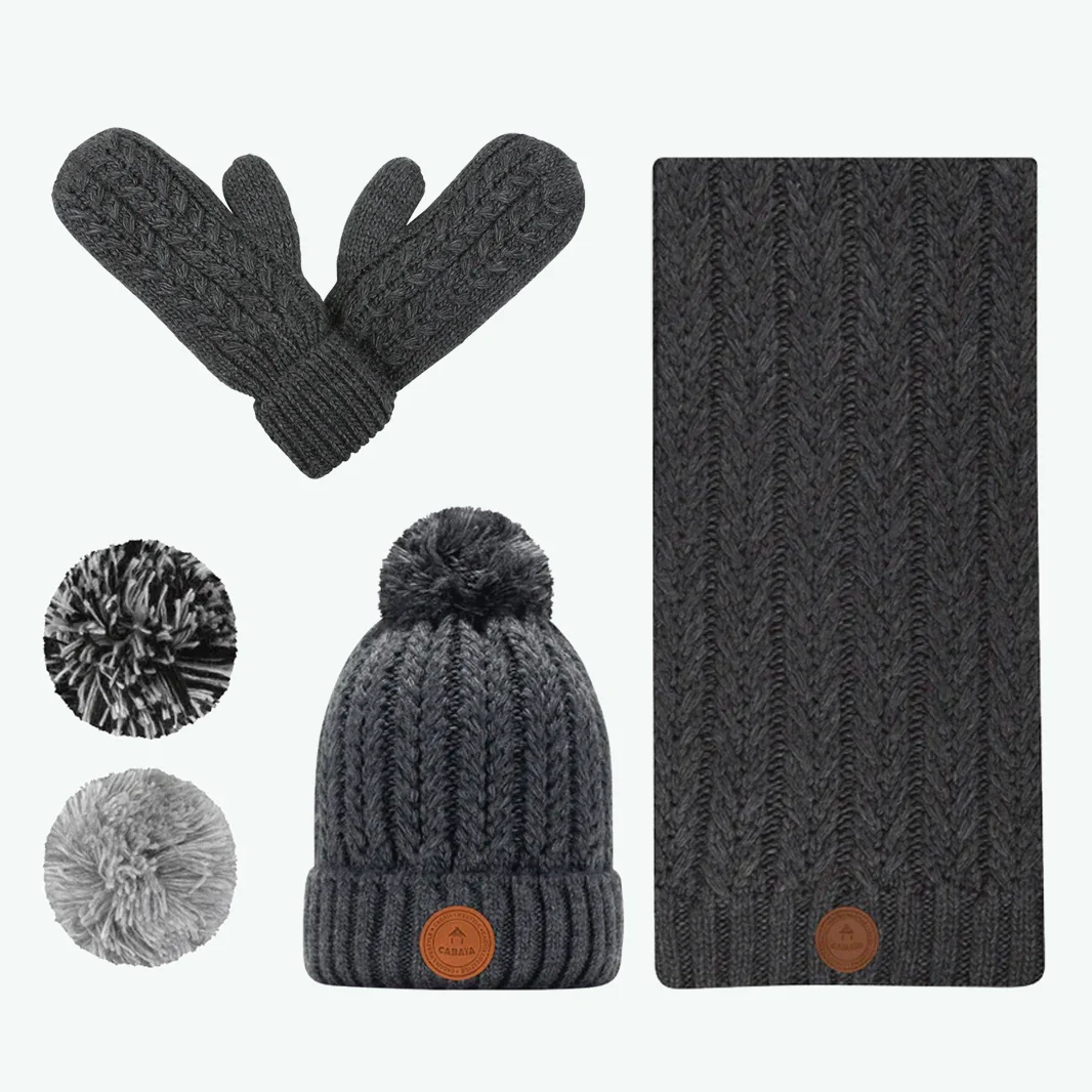 Trio Bonnet, Écharpe et Moufles Gris