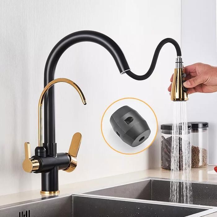JUNSOTTOR Kitchen Faucet - 360° Swivel - Pull-Out Spray Head - Mixer Tap - Single Lever for Hot and Cold Water - Black