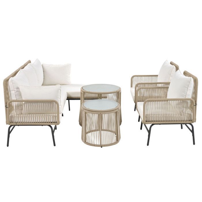 MODERNLUXE 5-Sitzer-Gartenmöbelset aus Eisen – 2 Sofas, 2 Sessel und 2 Beistelltische – inklusive aller Kissen – Beige
