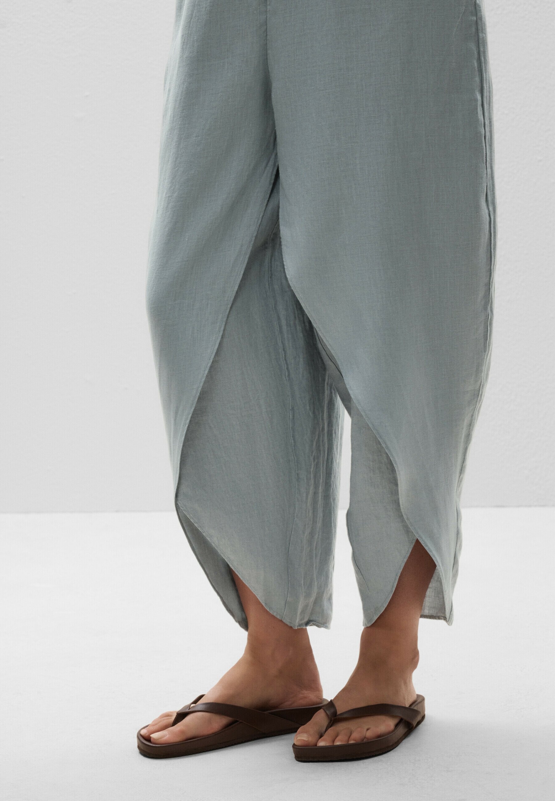 OYSHO LINEN BARREL WITH ROUNDED SLITS - Trousers - blue grey