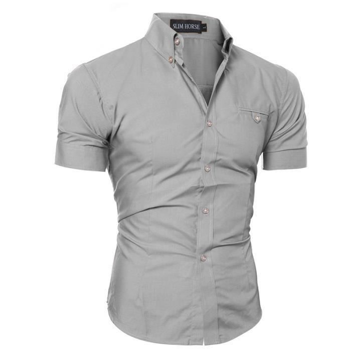 Camisa de hombre - FUNMOON - Corte ajustado - Manga corta - Cuello mandarín - Gris