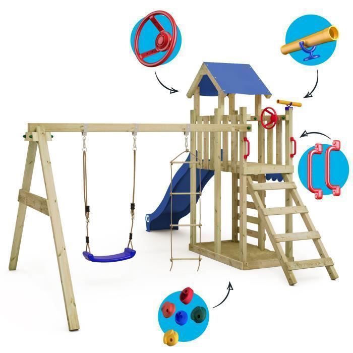 WICKEY MultiFlyer Torre gioco in legno leggera con altalena, scala di corda e scivolo, 220 cm, blu – 10 anni di garanzia*