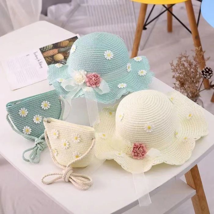 Conjunto de sombrero de paja y bolso para niña FUNMOON, pequeño, de 2 piezas, con estampado floral, nueva colección - 592021