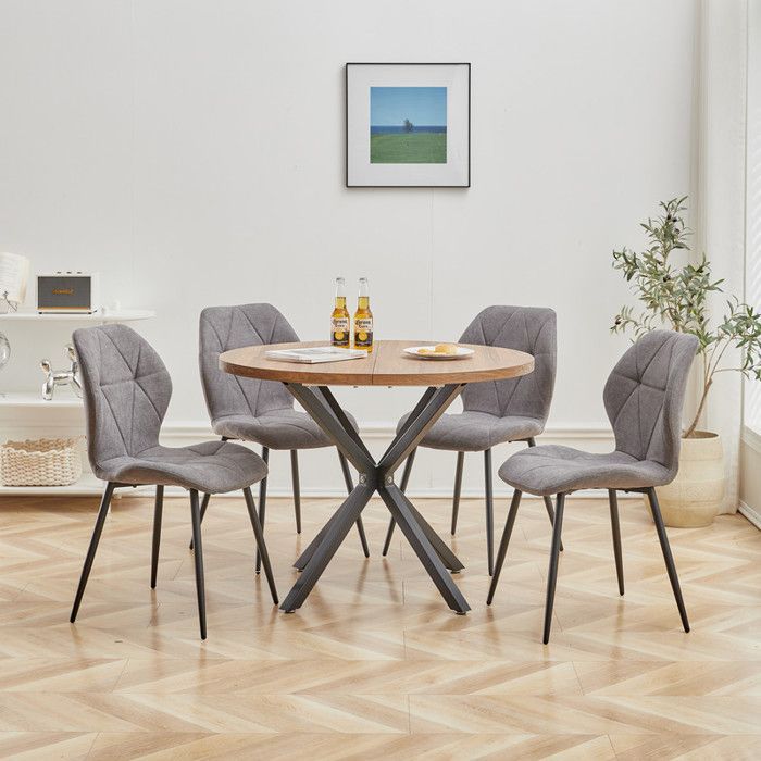 Juego de 4 sillas: silla de comedor vintage con forma de diamante, tapizada en lino, con patas de metal (gris oscuro).