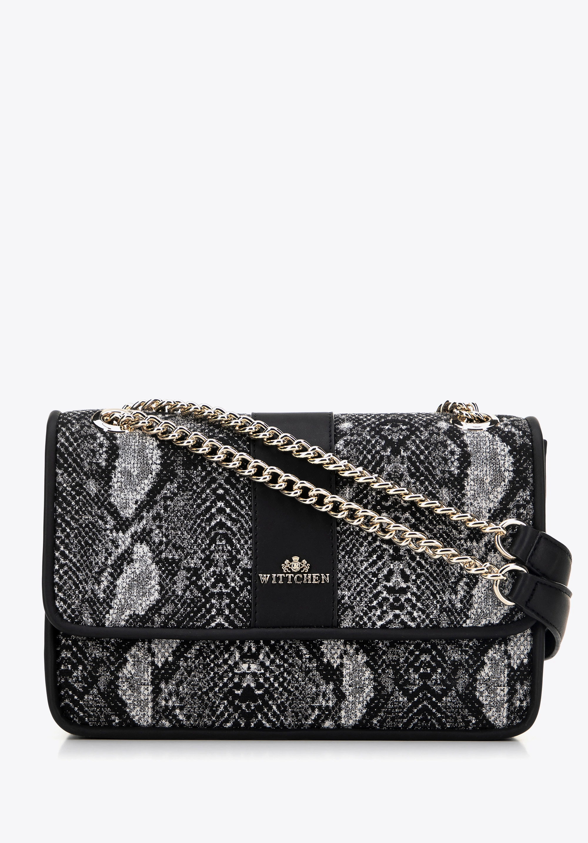 Damska crossbody żakardowa na łańcuszku czarno - szara