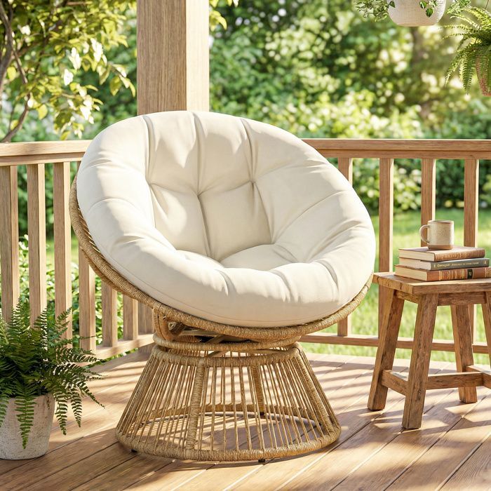 Silla Papasan giratoria 360° - Silla de jardín - Outsunny - Cojín suave de 12 cm - Poliratán y acero - Natural