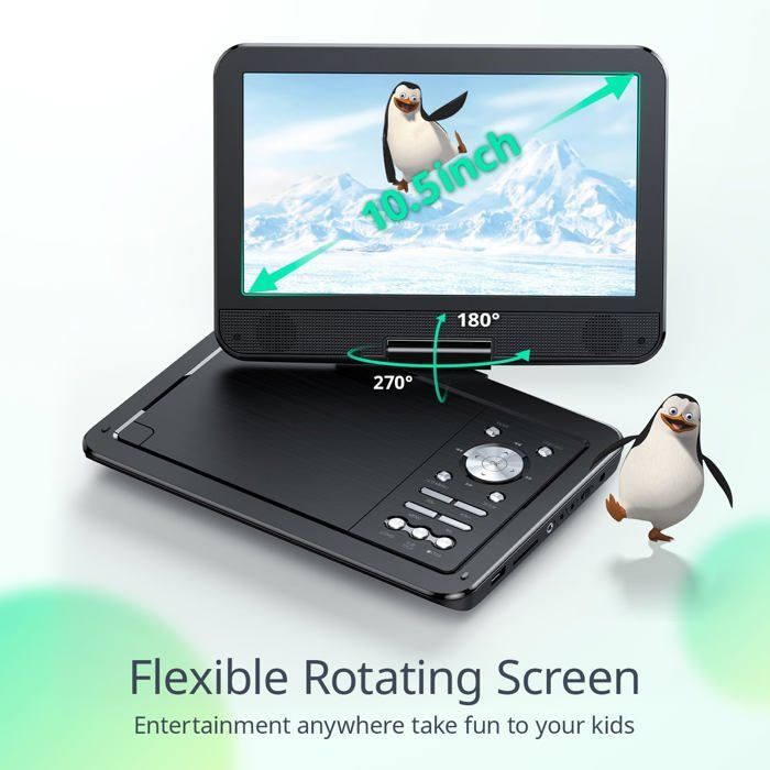 Tragbarer 12,5-Zoll-DVD-Player mit 10,5-Zoll-HD-Drehbildschirm für Auto und Kinder, inklusive Kfz-Ladegerät, Schwarz