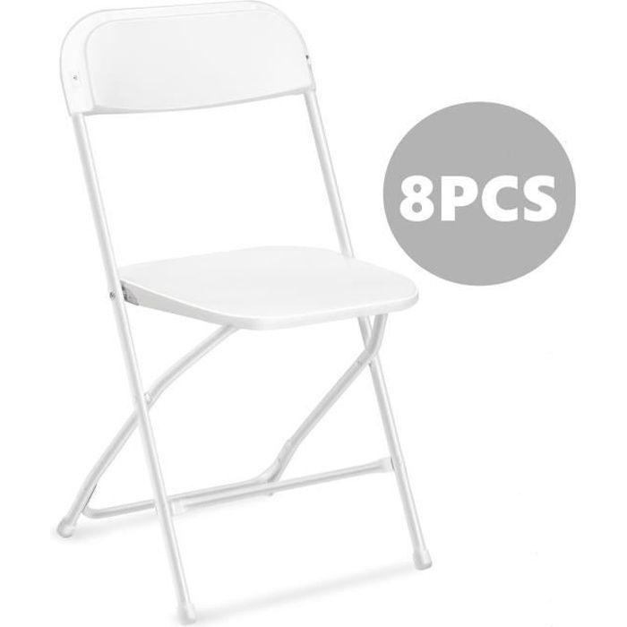 Set of 8 white plastic folding chairs, portable stackable commercial seating for indoor and outdoor use with steel frame