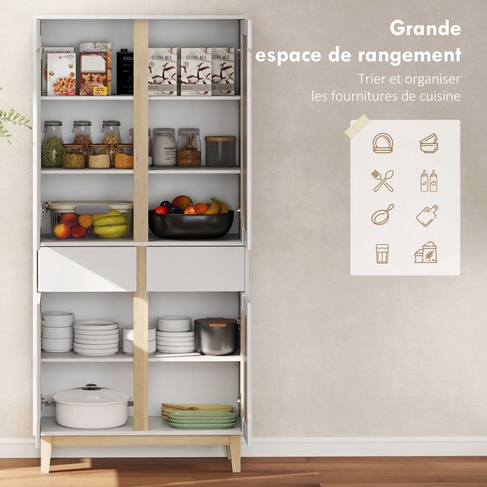 Aparador alto de cocina - HOMCOM - 4 puertas, 2 cajones, estantes ajustables - MDF y aglomerado - 80x35x170cm - blanco y roble