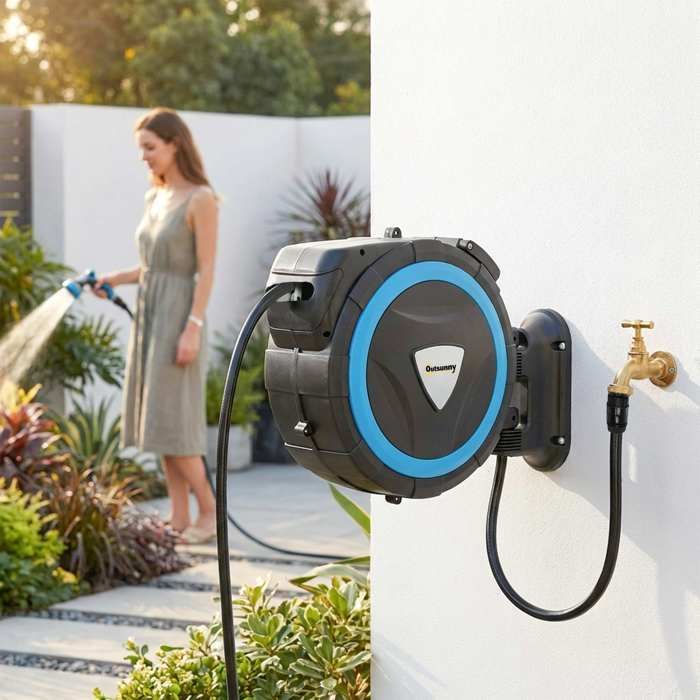 Wall-mounted garden hose reel - Outsunny - 12 spray patterns, 180° swivel - plastic - 49x15x37cm - blue