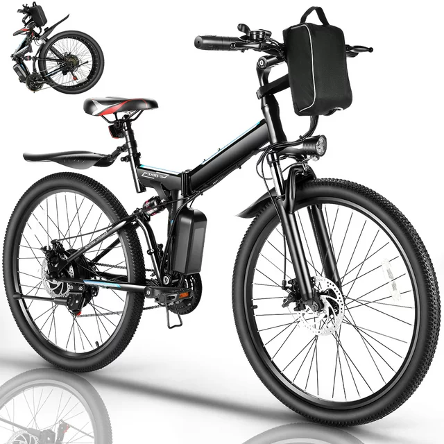 Gocio 26-tums elcykel för vuxna, 500W hopfällbar elektrisk mountainbike, max 80 km, full fjädring, 48V hopfällbar elcykel med avtagbart 374,4 Wh litiumjonbatteri, elektrisk stadscykel