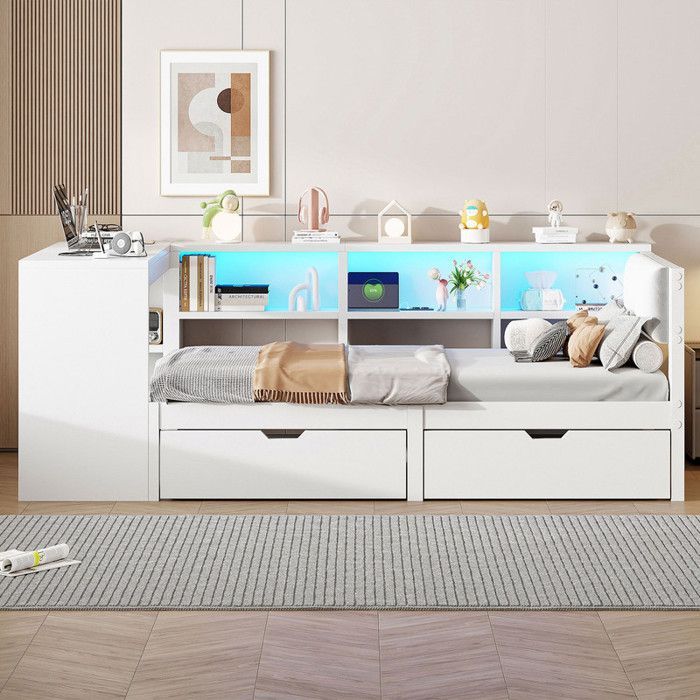 Letto combinato per bambini 90x200 cm - con 2 cassetti e stazione di ricarica - con luci LED colorate - bianco