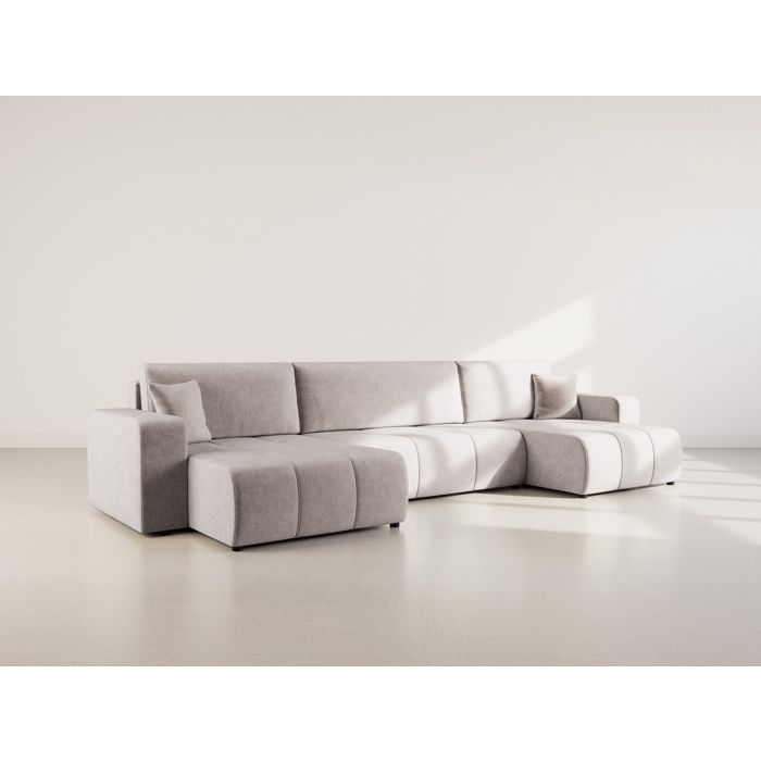 Nicole - Divano letto panoramico a forma di U a 7 posti con contenitore, in tessuto - Grigio chiaro