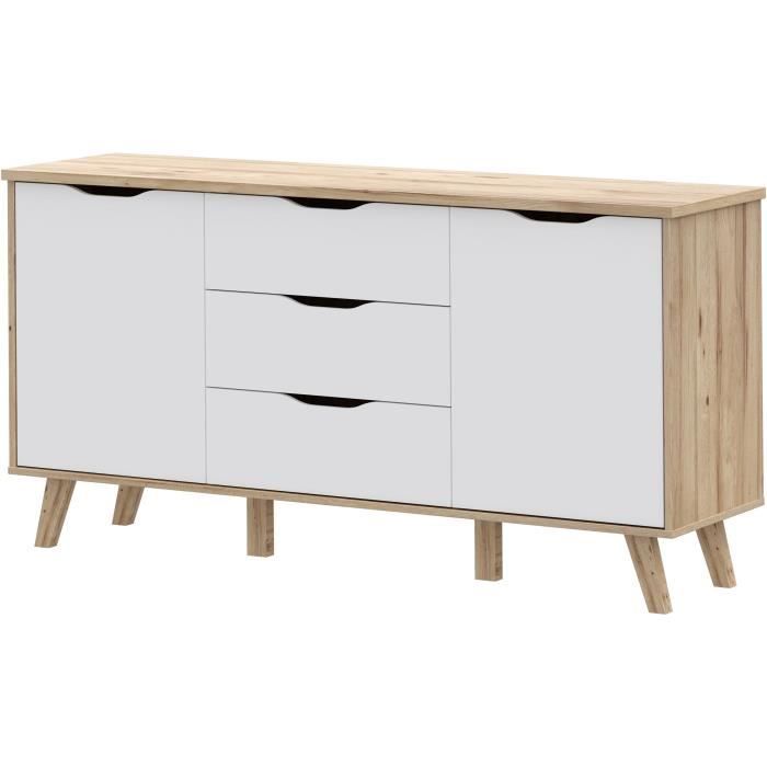 Aparador de 150 cm - VANKKA - Roble / Blanco mate - 2 puertas - 3 cajones