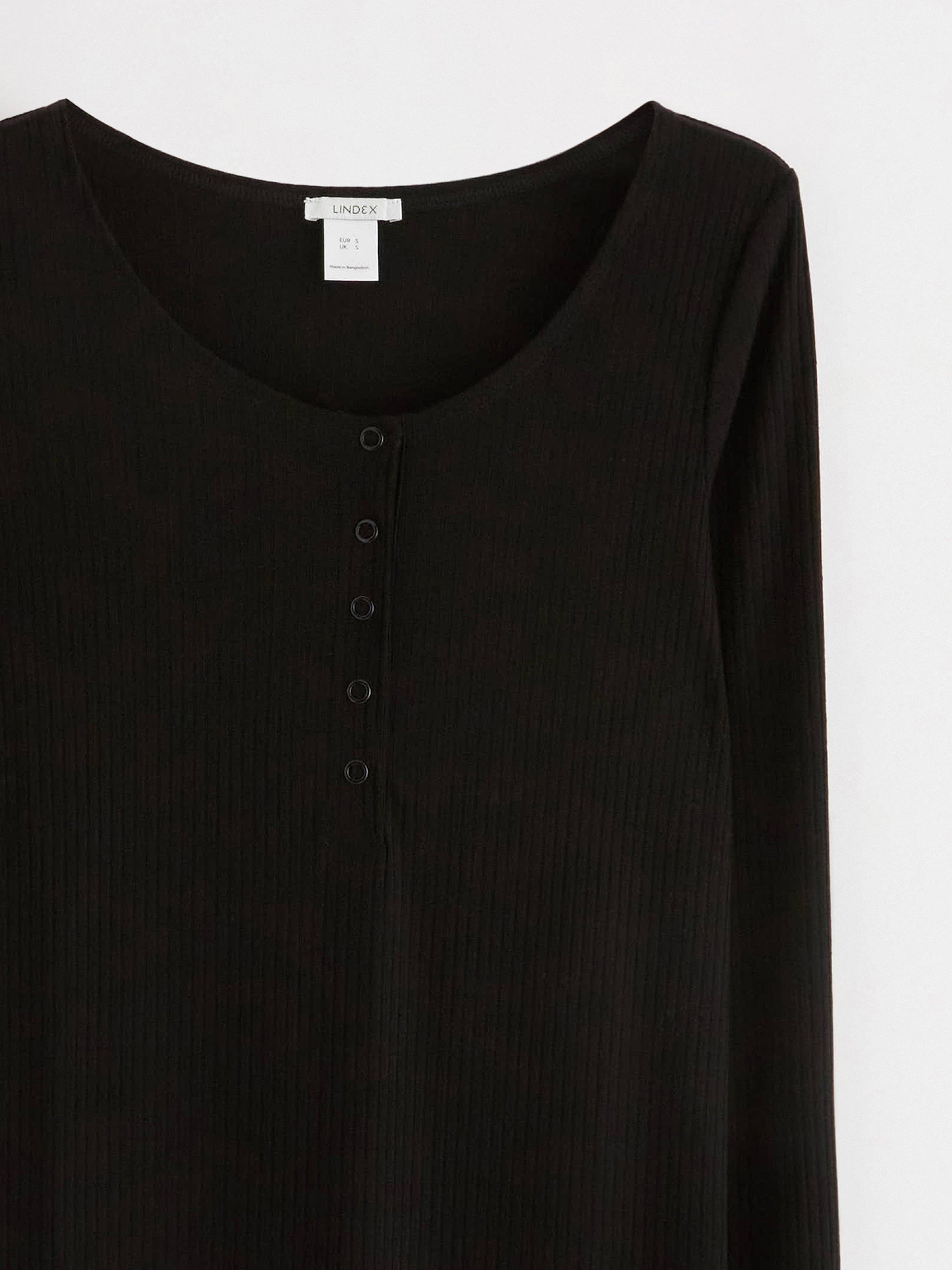 Vestido MOM canelado em malha com mangas compridas, preto.
