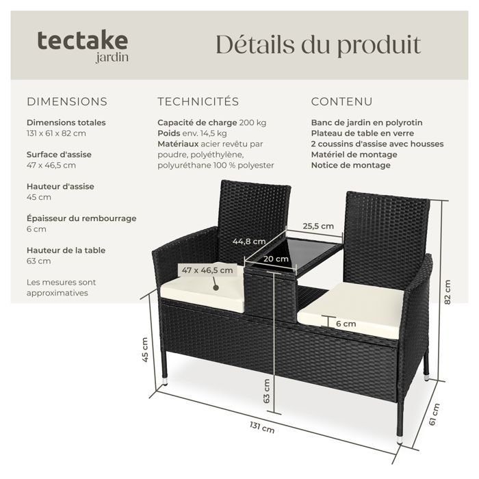 Sillas de jardín - TECTAKE - TOULOUSE Sofá de jardín de 2 plazas, resistente a los rayos UV, 131 x 59 x 82 cm - Negro/Beige