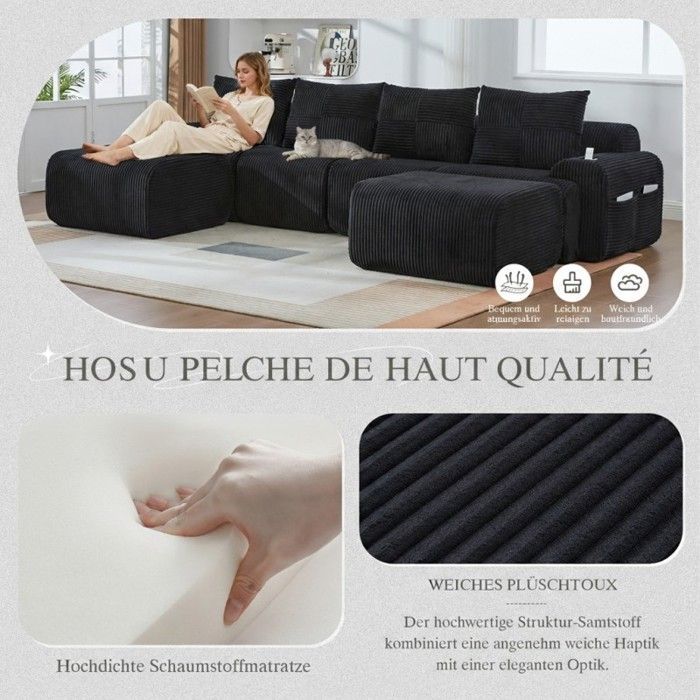 Canapé modulable - LANGTU - 4 places velours côtelé - Noir - 2 poufs - Porte-gobelet & poche latérale