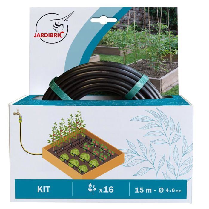 Kit de riego por goteo para bancales elevados: 15 m de microtubo de Ø 6 mm, 11 goteros ajustables de 0 a 6 L/h.
