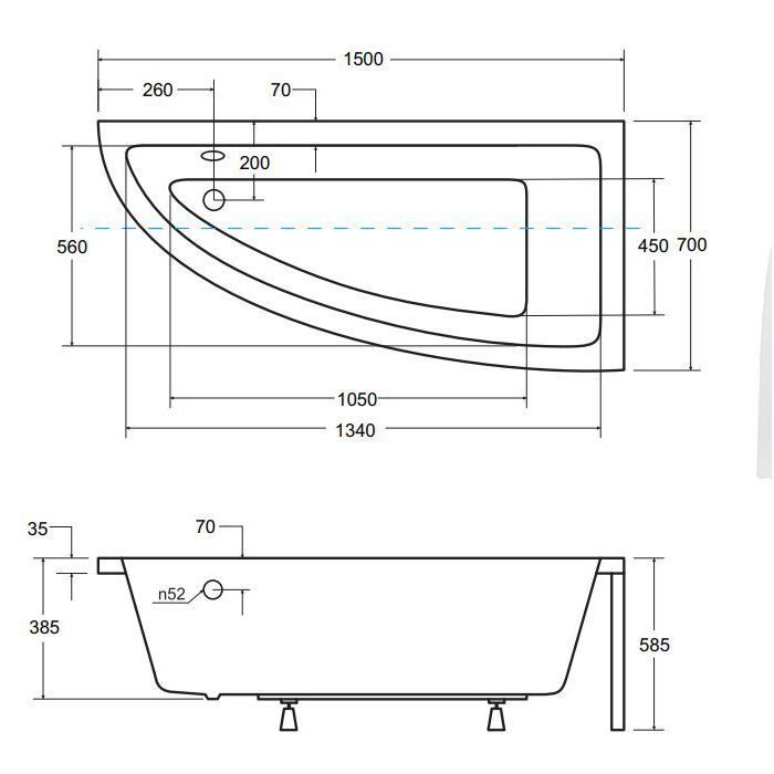 Corner bathtub 150x70 Right-hand opening + acrylic apron, siphon + feet PRAKTIKA