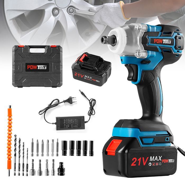 Llave de impacto inalámbrica sin escobillas POWTOOLS con dos baterías de 3,0 Ah, 550 Nm, 5 vasos de impacto.