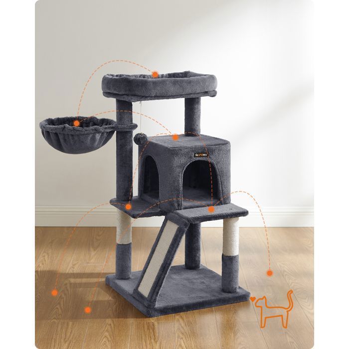 Árbol rascador para gatos FEANDREA, torre de juegos con plataforma, gris oscuro.