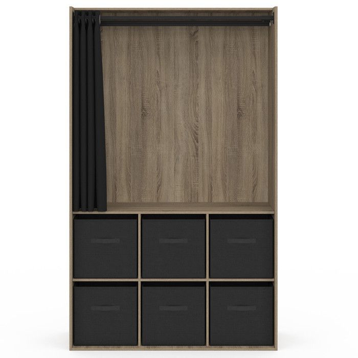 IDMARKET Dressing penderie DIANE 104 x 50 x 172 cm hêtre avec 6 boites de rangement + rideau noir